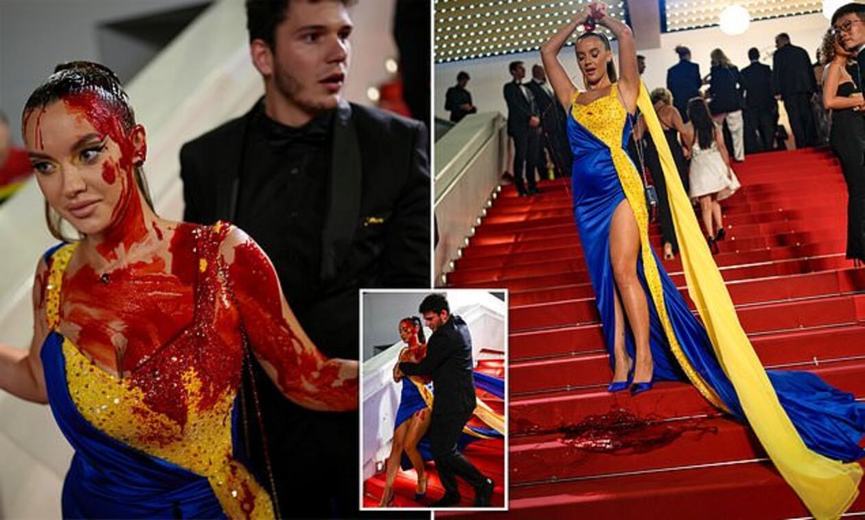 Илона Чернобай вилина на сине-желтое платье искусственную кровь – видео из Каннского кинофестиваля